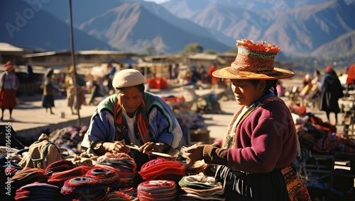 Hispanic man and a woman in traditional Andean clothing, trading colorful fabrics at a market with a mountain landscape in the background. photo