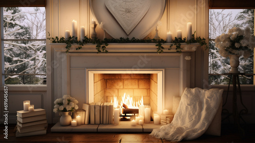 Create a picturesque fireplace setting adorned with love-themed decorations, such as heart banners, candles, and sentimental artwork, captured in high definition