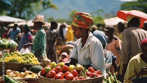 An adult Black woman in a colorful headscarf selling vegetables and fruits at a fair; around her are other traders and buyers against a backdrop of mountains.