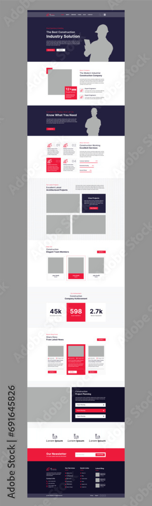 Industrial and Building Construction Ui Template. Construction One page website design template for business. Landing page wireframe. Modern responsive design. Ux ui website Layouts