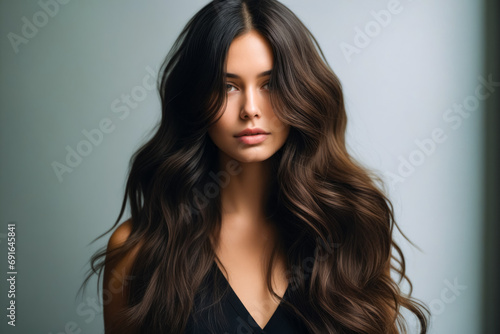 Woman with long brown hair and black top.