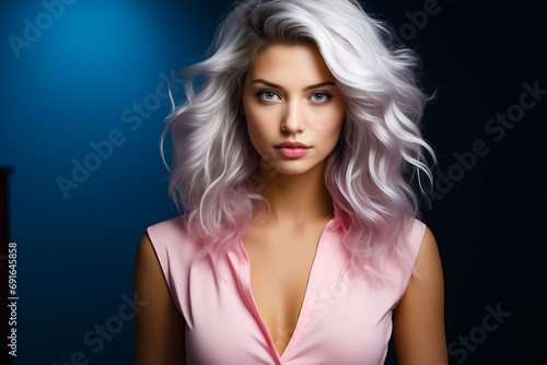 Woman with white hair and pink shirt on.