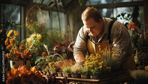 A young man works with plants in a greenhouse, caring for flowers and foliage. Down syndrome