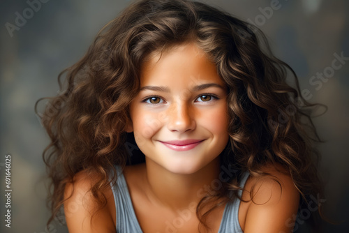 Young girl with curly hair smiling for picture.