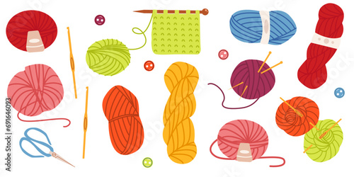 Set of vector flat illustration of wool yarn for knitting