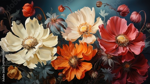  a close up of a bunch of flowers on a black background with red  orange  and yellow flowers in the middle of the picture and bottom half of the flowers in the middle of the picture.