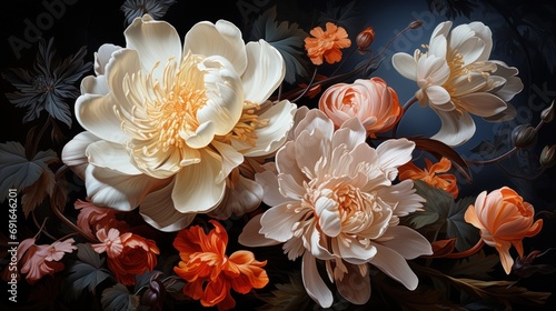  a close up of a bunch of flowers on a black background with orange, pink, and white flowers in the middle of the picture and the middle of the flowers in the middle of the picture. © Anna
