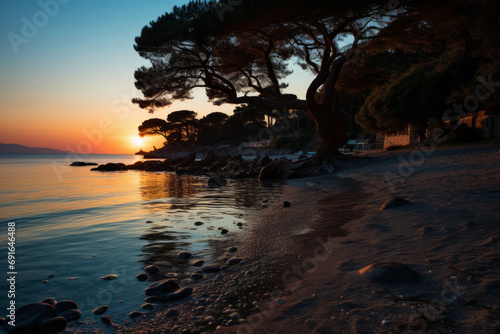 Greece  at sunset. The focus is on the crystal-clear waters and golden sands  framed by olive trees