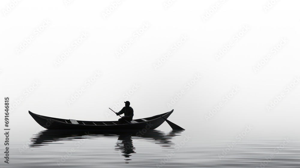 a man in a canoe on a foggy day with a pole in one hand and a paddle in the other hand, in the middle of a body of water. a man in a canoe on a foggy day with a pole in one hand and a paddle in the other hand, in the middle of a body of water.
