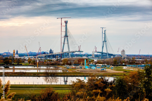 Windsor, Ontario Canada - November 4, 2023: Gordie Howe bridge under construction showing both support towers final height.