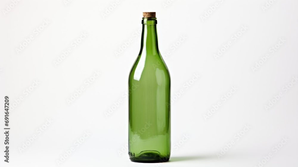 a green glass bottle with a cork on the top of the bottle is shown in front of a white background with a shadow of the bottom half of the bottle. a green glass bottle with a cork on the top of the bottle is shown in front of a white background with a shadow of the bottom half of the bottle.