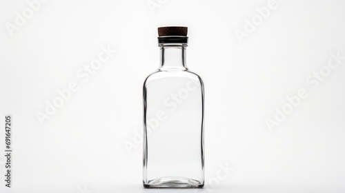  a glass bottle with a wooden stopper on the top and a black cap on the top of the bottle, on a white background with a shadow from the bottom to the bottom.