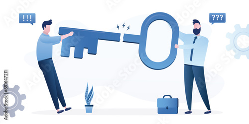 Businessmen break giant key. Team disagreements or business conflict. Quarrel and problems. Differences in ways and method of achieving heights or goals,