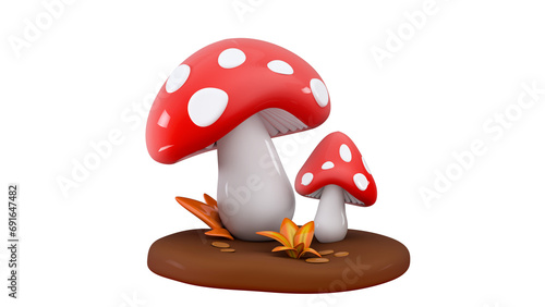 3D mushroom clearing Fly agarics in meadow Two toadstools in glade Cute fantasy or fairy fly agaric