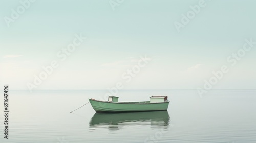  a green boat floating on top of a body of water next to a boat on top of a body of water in the middle of a body of water with a light blue sky in the background.