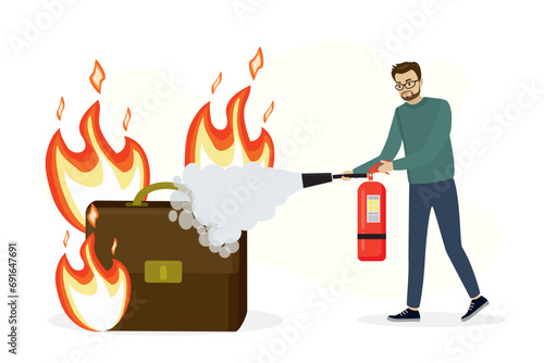 The concept of psychotherapy for work. Tired businessman uses fire extinguisher to extinguish burning briefcase. flat vector