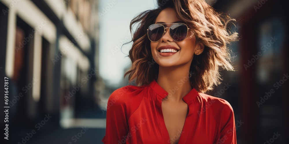 Piękna uśmiechnięta kobieta w okularach przeciwsłonecznych i czerwonej bluzce na ulicach ruchliwego miasta.  - obrazy, fototapety, plakaty 