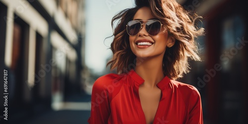 Piękna uśmiechnięta kobieta w okularach przeciwsłonecznych i czerwonej bluzce na ulicach ruchliwego miasta. 