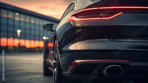 A panoramic view of a black luxury car's rear profile in a dealership salon, focusing on the sleek tail lights and the sporty design © Abdul