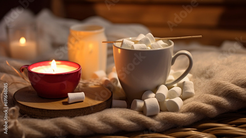 A cozy blanket and a mug of hot cocoa adorned with heart-shaped marshmallows  creating a warm and romantic atmosphere for a thoughtful Valentine s Day gift