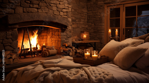 a cozy fireplace with two glasses of sparkling champagne, surrounded by plush pillows and a warm blanket, inviting a romantic evening for two