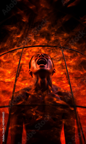 Man burning inside bird cage, trapped soul concept