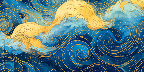 Magical fairytale ocean waves art painting. Unique blue and gold wavy swirls of magic water. Fairytale navy and yellow sea waves. Children’s book waves, kids nursery cartoon illustration by Vita © Vita