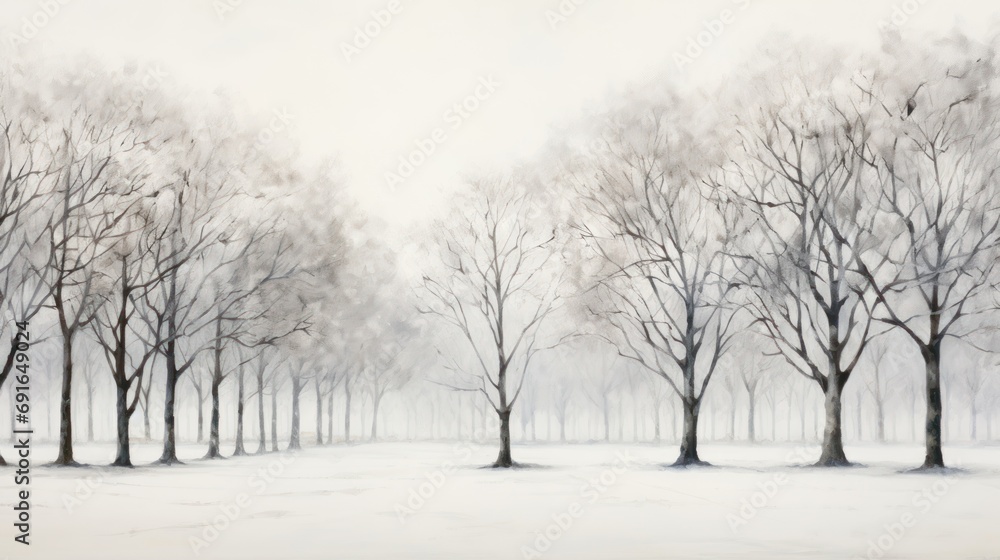  a painting of a winter scene with trees in the foreground and snow on the ground in the foreground, and a foggy sky in the back ground.