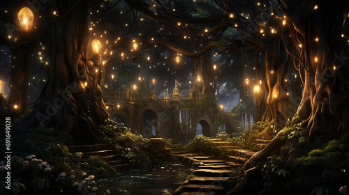 mystical forest path lighted with hundreds of fireflies photo