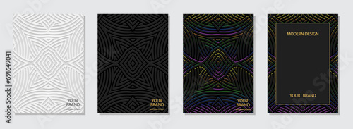 Set of holiday covers, templates. A collection of embossed, geometric backgrounds with ethnic gold 3D patterns in handmade style. Arabesques of the East, Asia, India, Africa, Mexico, Aztec, Peru.