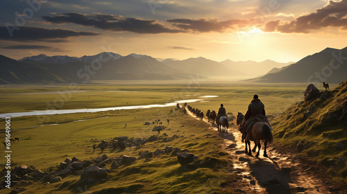 nomadic Mongolian tribe on the vast steppe photo