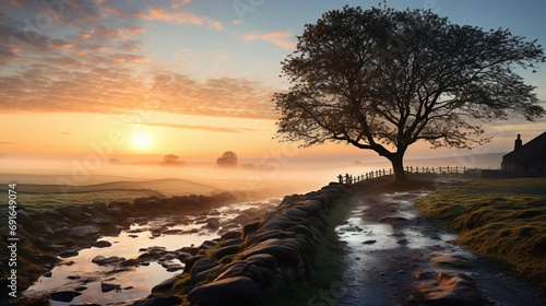 peaceful early morning scene in a countryside with a foggy sunrise photo