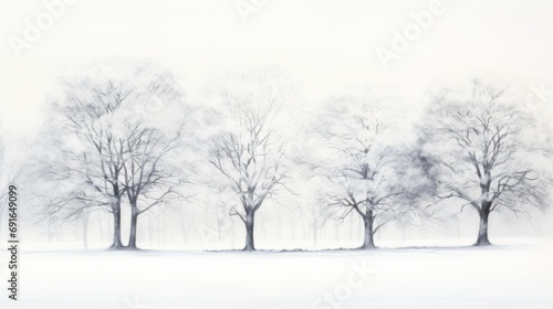  a black and white photo of trees in a foggy field with snow on the ground and a person walking in the foreground with a horse in the foreground.