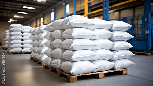 Rows of big white sacks at large warehouse in modern factory. Ready for loading and further transportation.