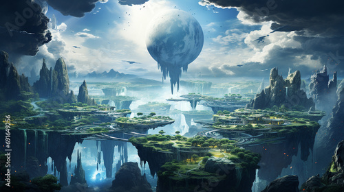 surreal dreamscape with floating islands and waterfalls in the sky © 1st footage