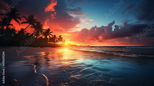 tropical sunrise over a tranquil, sandy beach with palm trees photo