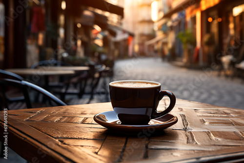 Cup of coffee on a wooden table in a European street cafe photo