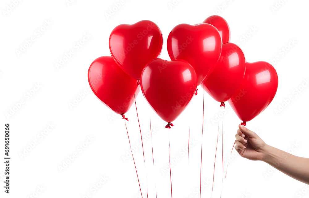 bunch of red heart shape balloons in man's hand on white background