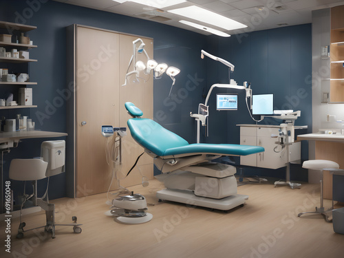 A dental office is shown. A dentist is working on the teeth of a patient. The patient is sitting in a dental chair with their mouth open. Other patients are waiting in the waiting room. The dentist is