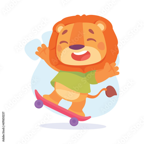 Funny Lion Character Enjoy Ride Skateboard Vector Illustration