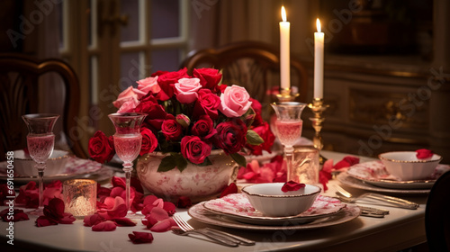 an elegant table set for a romantic dinner, adorned with candles, rose petals, and fine china, creating the perfect ambiance for a Valentine's Day celebration © Love Mohammad
