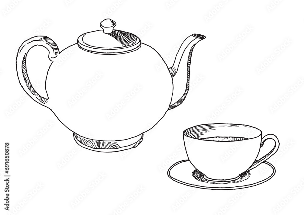 Coffee Set - hand-drawn illustration of a cup of coffee an a coffee pot, white lines - vectorized Coffee Set - hand-drawn illustration of a cup of coffee an a coffee pot, white lines - vectorized