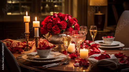 an elegant table set for a romantic dinner, adorned with candles, rose petals, and fine china, creating the perfect ambiance for a Valentine's Day celebration