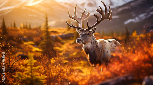 Majestic powerful male elk with big antlers in autumn forest. Majestic animal in natural habitat.