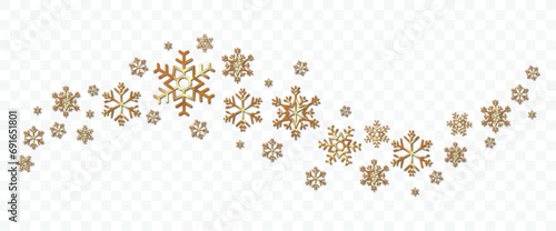 Borde de copos de nieve dorados y estrellas aislado sobre fondo blanco  photo