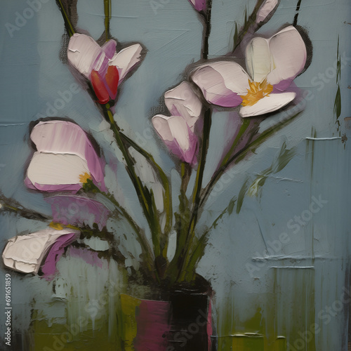 Art  illustration of  oil painted still life with purple magnolia flowers On Canvas with texture in the grayscale,