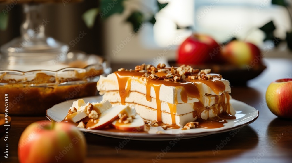 a piece of cake on a plate with caramel drizzled on top of it with apples in the background and a bowl of apples in the background. a piece of cake on a plate with caramel drizzled on top of it with apples in the background and a bowl of apples in the background.