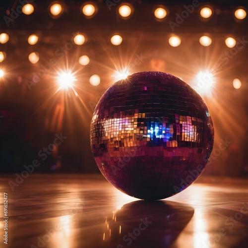 Disco ball reflecting and scattering flashes of light across a dance floor