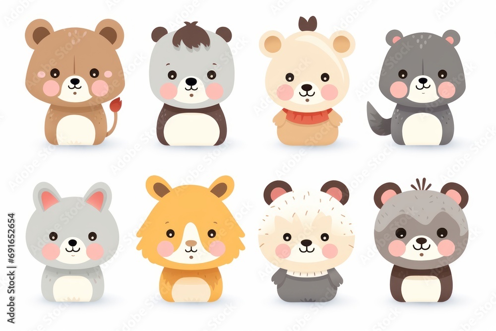 Funny cute bears and animals on a white background,  illustration
