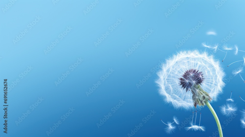  a dandelion blowing in the wind with a blue sky in the background and a few other dandelions in the foreground with one dandelion in the foreground.